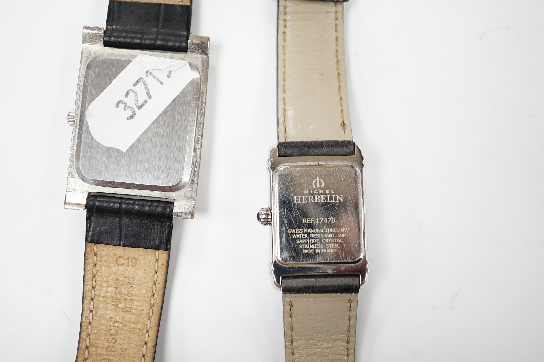 A lady's modern stainless steel Michel Herbelin rectangular dial quartz wrist watch, on a Herbelin leather strap, with original box, together with a stainless steel Diamant quartz wrist watch.